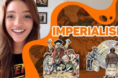 Smiling presenter beside bold IMPERIALISMO graphic and vintage cartoons illustrating opiniao imperialismo