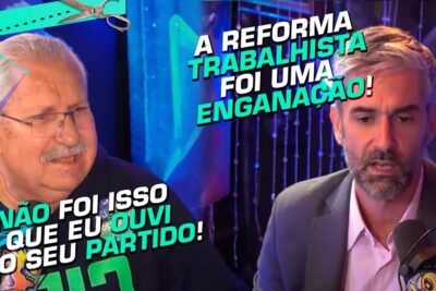 Two male hosts in a recording studio debating labor reform with overlay text opinioes divergentes 1.