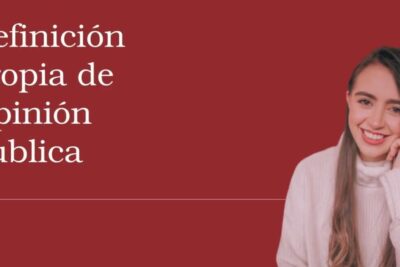 Smiling woman on the right against a deep red background with large white serif headline about opinion publica