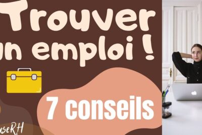 Poster reading 'Trouver un emploi! 7 conseils' with icons and a person at a laptop illustrating opportunites demploi.