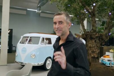 A smiling man gesturing in a modern office next to a light blue vintage camper van illustrating opretholde lager concepts