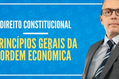 Blue thumbnail with bold Portuguese text about constitutional law and a suited lecturer discussing ordem economica 1.
