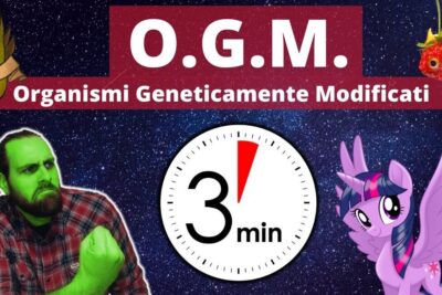 Bearded man with green skin, a cartoon winged pony and icons illustrating organismi transgenici debate