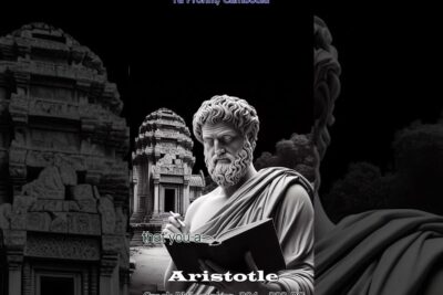 Monochrome marble statue of a bearded classical philosopher reading a book before ancient temple ruins, overbevisende tekst 2