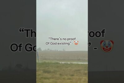 Vertical overcast field photo with centered text "There's no proof Of God existing" and a clown emoji, overbevisende tekst 3.