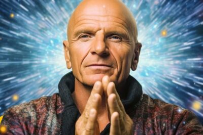 Contemplative bald man with hands clasped in front of a radiant cosmic burst, pa handlinger 1