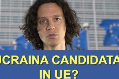 Video thumbnail showing a presenter with European Union flags and bold Italian headline about Ukraine candidacy and paesi membri 1.