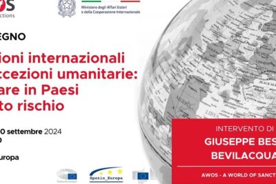 Conference poster on international sanctions and humanitarian exceptions impacting paesi sottoposti.
