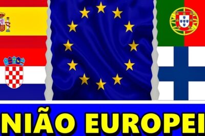 EU flag centered with surrounding Spain, Croatia, Portugal and Finland flags representing paises membros.