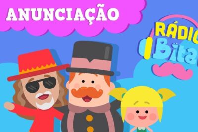Bright Rádio Bita announcement scene featuring three cheerful cartoon characters and a smiling girl, participacao infantil 1