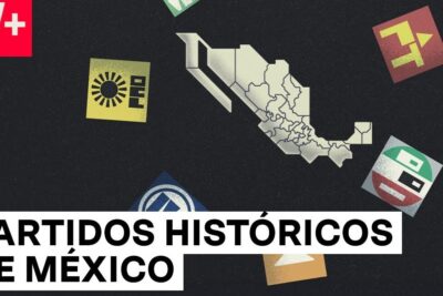 Map of Mexico with scattered historical party logos illustrating partidos politicos 3