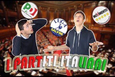 Two young men reacting in a parliamentary chamber collage with Italian partiti politici logos visible