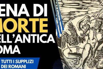 Poster-style image with bold headline and a vintage engraving depicting brutal Roman executions, referencing pena morte 18.