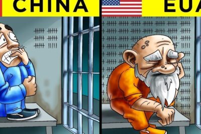 Split-panel cartoon showing a frightened prisoner in a China cell and an elderly prisoner in a USA cell with tally marks on the walls, pena morte 19.