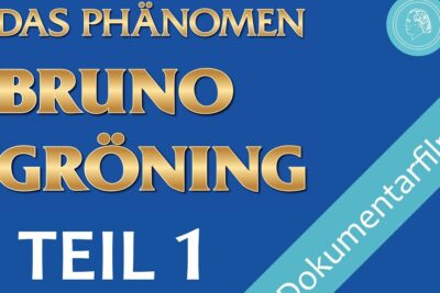 Blue documentary poster reading "Das Phänomen Bruno Gröning Teil 1" with gold typography, teal diagonal ribbon and film strip border, personlige inntrykk 1.