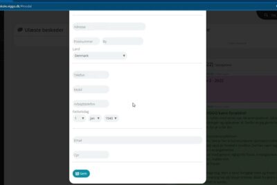 Modal form displaying fields for personlige oplysninger including address, phone, email and CPR