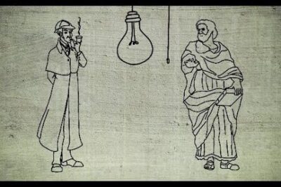 Two sketched figures, a modern trench-coated thinker and an ancient toga-clad philosopher beneath a hanging bulb symbolizing perspectiva filosofica.