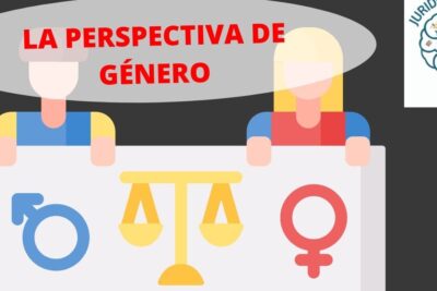 Two stylized figures hold a panel with a scale and male and female symbols representing perspectiva genero 2.