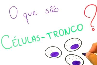 Whiteboard handwriting in Portuguese asking 'O que são células-tronco?' with a hand drawing simple cell illustrations to illustrate pesquisa celulas tronco