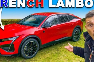 Red peugeot 408 11 parked on grass with a person pointing nearby