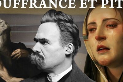 Collage showing a stern mustached intellectual profile, a grieving tearful woman and a contorted sculpture suggesting philosophie nietzsche
