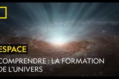 Spiral galaxy with a luminous central core and rays of light, accompanied by overlay text including place lunivers