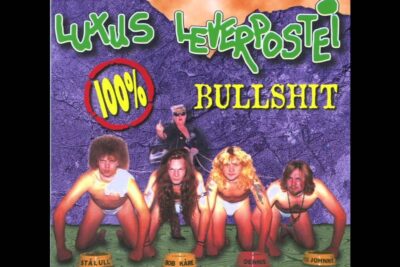 Parody album cover with four crouching band members in underwear beneath bold 'BULLSHIT' text and a background figure giving a rude gesture — plastisk kirurgi 3
