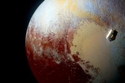 Close-up of pluto planet 4 showing a bright heart-shaped plain, reddish cratered terrain and a nearby spacecraft reflecting light