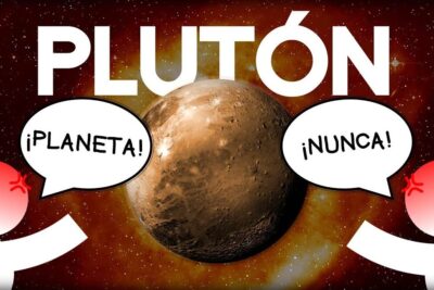 Illustration of pluton planeta 2 with a central textured planet, bold PLUTÓN headline, opposing speech bubbles and two stylized figures