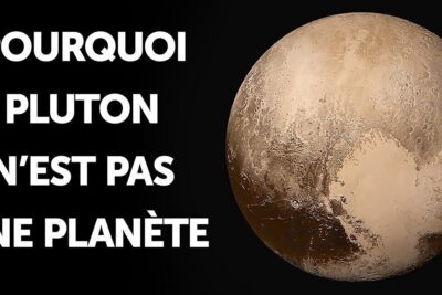 Close-up of Pluto's cratered, beige surface beside a bold French headline questioning its status, pluton planete 1.