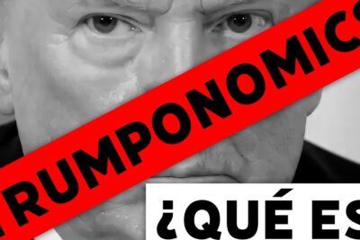 Grayscale close-up face partially covered by a red diagonal banner reading TRUMPONOMICS, suitable for politica economica 1