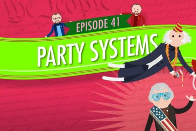 Vibrant cartoon banner reading 'Party Systems' with illustrated figures symbolizing political parties.