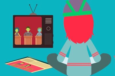 Person sitting cross-legged watching a TV debate between three podium candidates in a flat illustration politike partier 2