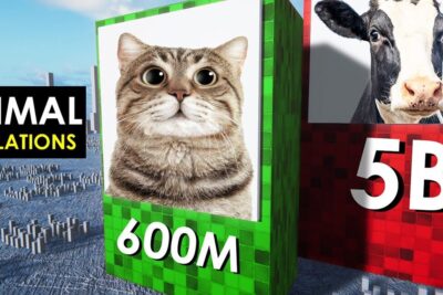 Infographic block showing a cat labeled 600M and a cow labeled 5B representing populations animales 2.