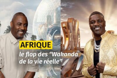Two smiling men posed before a futuristic cityscape and text about Africa, reflecting on populations locales