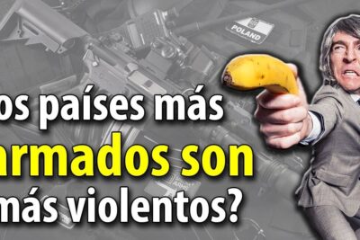Thumbnail showing rifles in background, Spanish headline about armed countries, and a man pointing a banana like a gun highlighting posesion armas