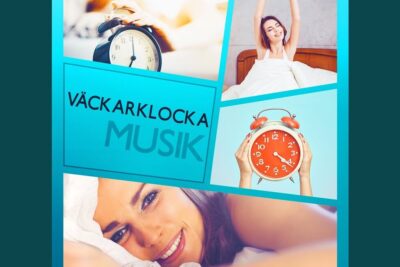 Smiling woman waking up with vintage alarm clocks illustrating positiv installning and an upbeat morning routine.