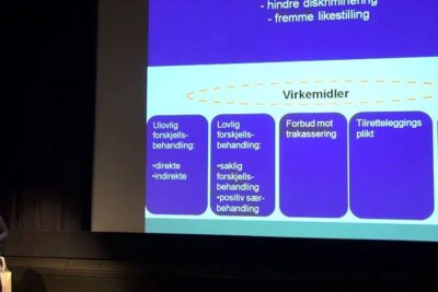 Presenter at a podium next to a large projected slide with blue boxes under the heading 'Virkemidler' mentioning positiv sarbehandling