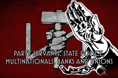Red protest graphic with a raised saluting hand, broken chains and bold white text listing party servants, state police, multinationals, banks and unions illustrating posizione nazionalista.