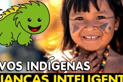 Smiling child with facial paint and beaded necklace beside a cartoon icon and the text povos indigenas 1