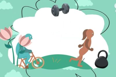 Cartoon cyclist and runner with a dumbbell and kettlebell symbolizing practica deportiva outdoors.