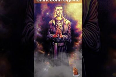Luminous robed saintly figure with hands clasped in prayer amid clouds and cosmic light, prastens interesser 1