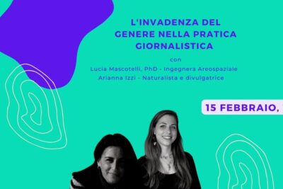 Teal and purple event poster about pratica giornalistica with two speaker portraits and event date 15 February, 18:00
