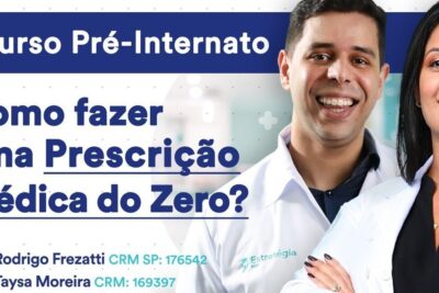 Two smiling clinicians beside a course banner about prescricao medica