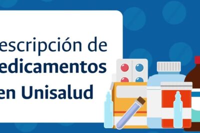 Unisalud medication prescription banner with pill packs, bottles and prescripcion medica 1 text.