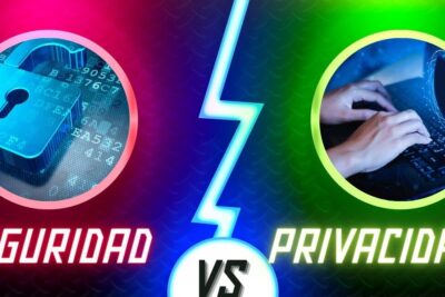 Split neon graphic showing a padlock on the left and hands typing on a keyboard on the right representing privacidad seguridad 1.
