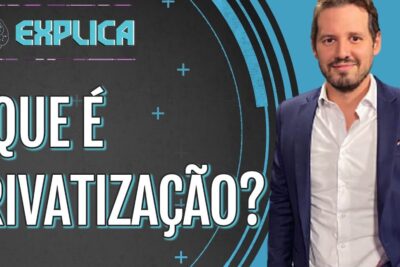 Thumbnail graphic showing the Portuguese headline O QUE É PRIVATIZAÇÃO? with a suited presenter and design elements highlighting privatizacao empresas