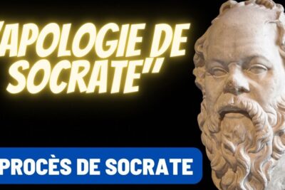 Marble bust beside bold glowing text promoting the proces socrate and the Apology of Socrates.