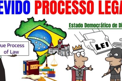 Cartoon collage showing Brazil map with flag, law books, scales, a book labeled LEI and characters illustrating processo legal 2 and due process of law.