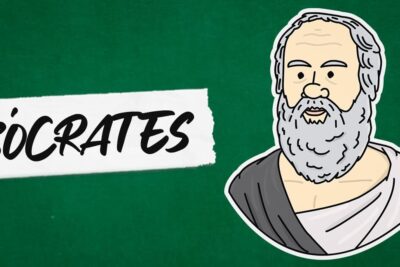 Cartoon bust of an ancient philosopher next to a torn paper label on a green chalkboard, suggesting the processo socratico